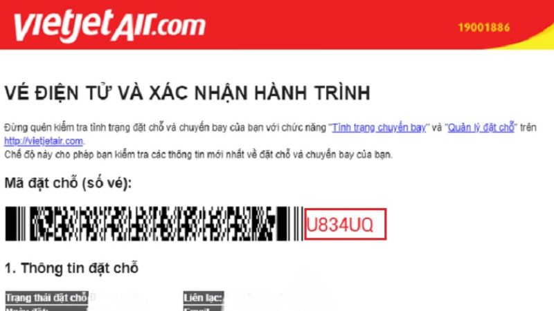 Phần hiển thị mã đặt chỗ